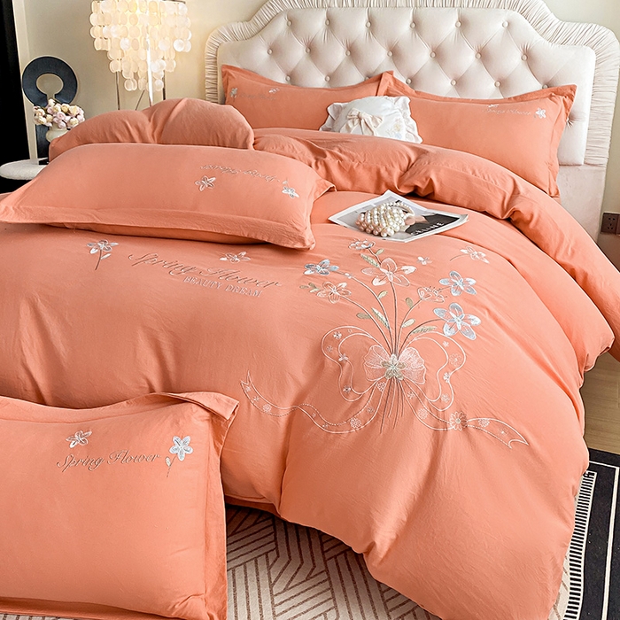 91家纺网 家纺一手货源 找家纺 大麦乐田 2025新款糯小棉立体绣花吊边四件套-手捧花 手捧花 桔色