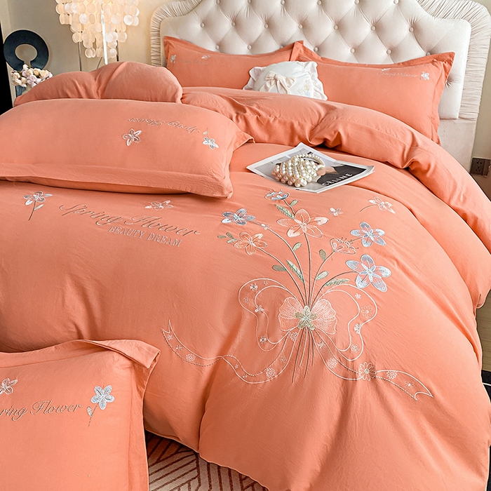 91家纺网 家纺一手货源 找家纺 大麦乐田 2025新款糯小棉立体绣花吊边四件套-手捧花 手捧花 桔色