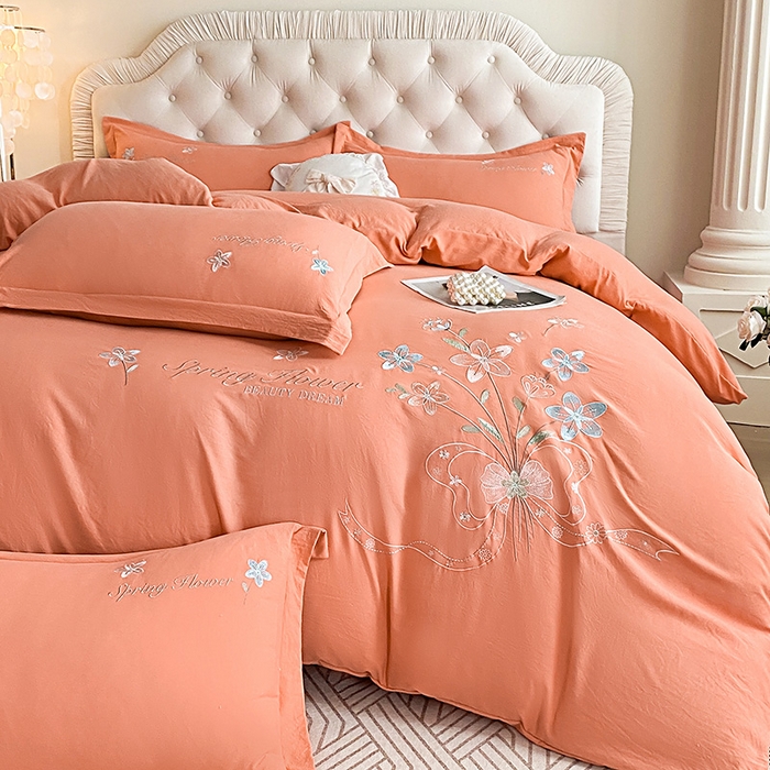 91家纺网 家纺一手货源 找家纺 大麦乐田 2025新款糯小棉立体绣花吊边四件套-手捧花 手捧花 桔色