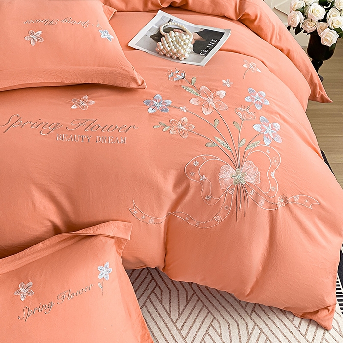 91家纺网 家纺一手货源 找家纺 大麦乐田 2025新款糯小棉立体绣花吊边四件套-手捧花 手捧花 桔色