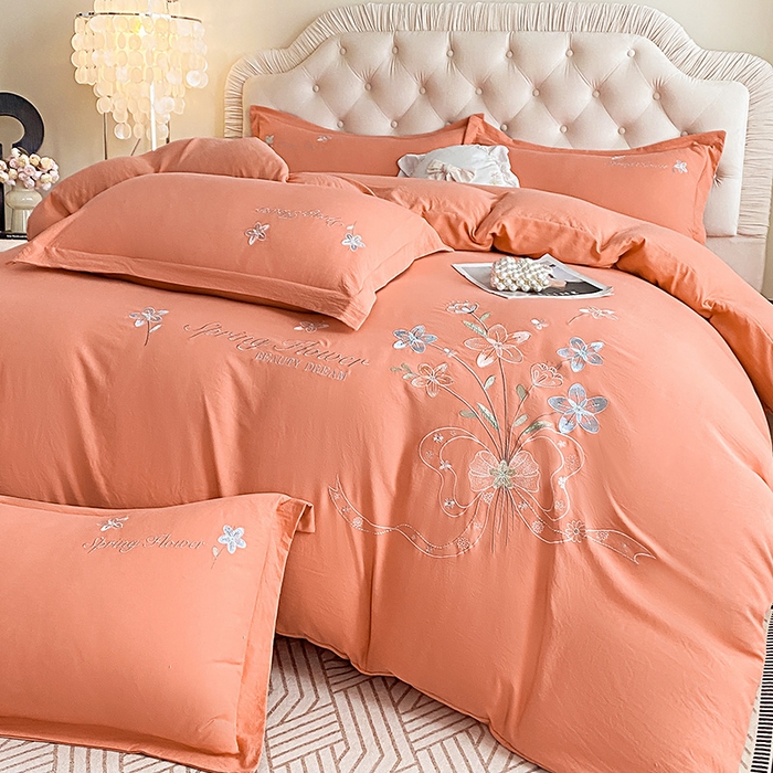 91家纺网 家纺一手货源 找家纺 大麦乐田 2025新款糯小棉立体绣花吊边四件套-手捧花 手捧花 桔色