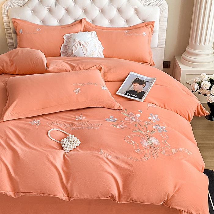 91家纺网 家纺一手货源 找家纺 大麦乐田 2025新款糯小棉立体绣花吊边四件套-手捧花 手捧花 桔色