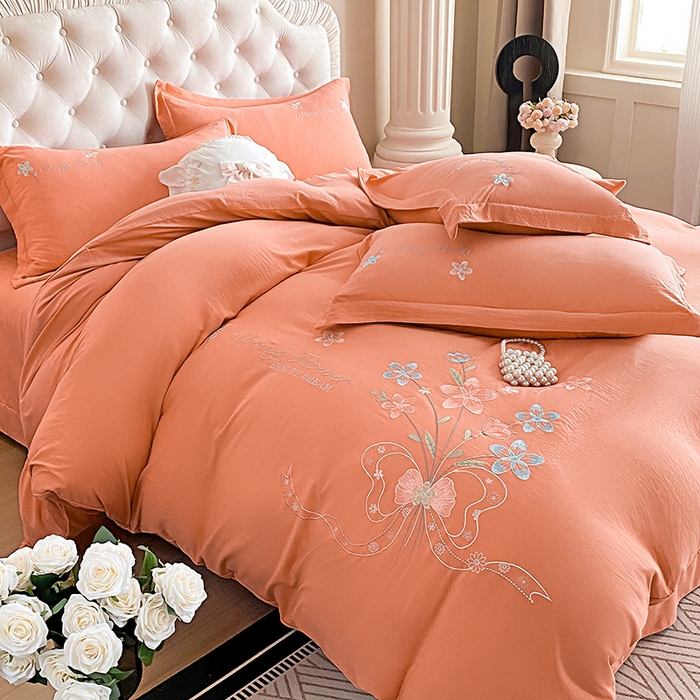 91家纺网 家纺一手货源 找家纺 大麦乐田 2025新款糯小棉立体绣花吊边四件套-手捧花 手捧花 桔色