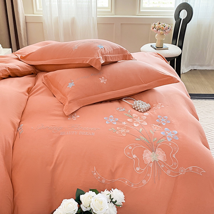 91家纺网 家纺一手货源 找家纺 大麦乐田 2025新款糯小棉立体绣花吊边四件套-手捧花 手捧花 桔色