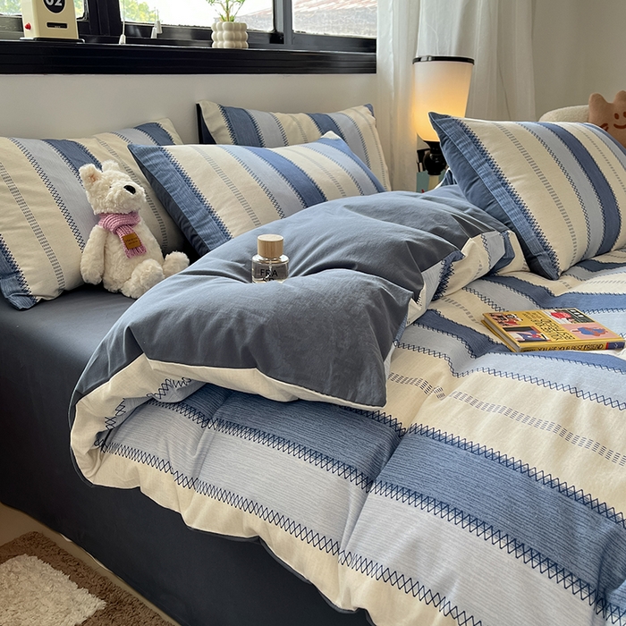 91家纺网 家纺一手货源 找家纺 吉象家纺 2025新款全棉纯棉加厚磨毛印花四件套 蓝颜