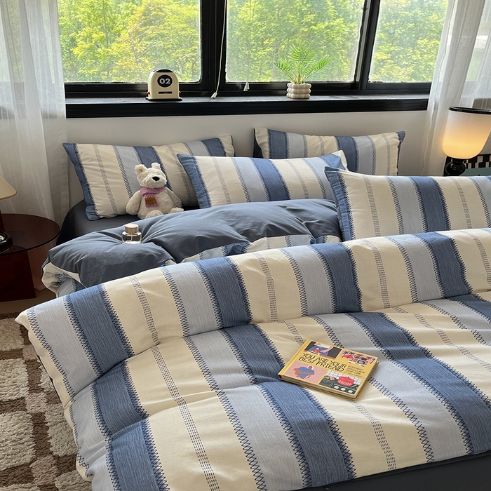 91家纺网 家纺一手货源 找家纺 吉象家纺 2025新款全棉纯棉加厚磨毛印花四件套 蓝颜