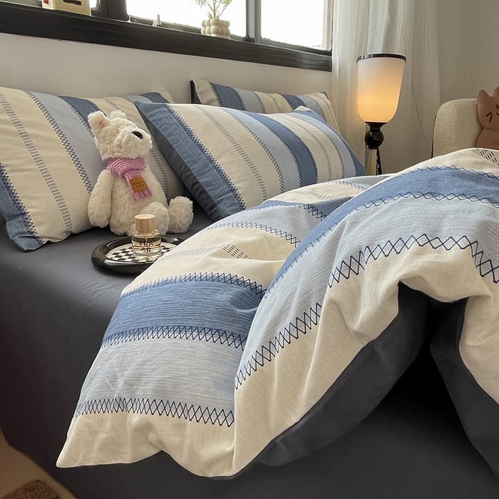 91家纺网 家纺一手货源 找家纺 吉象家纺 2025新款全棉纯棉加厚磨毛印花四件套 蓝颜