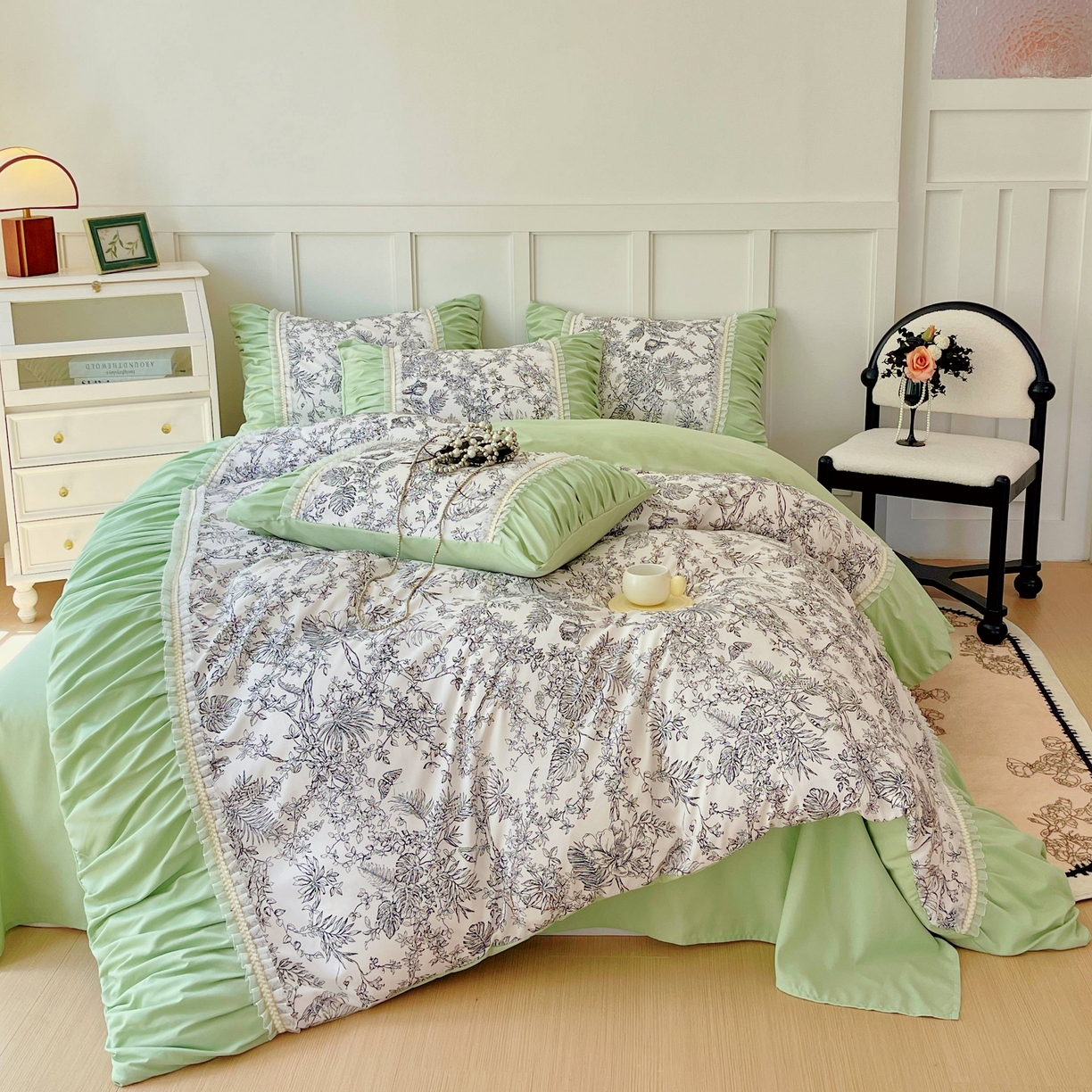 大麦乐田 2025新款法式褶皱糯小棉直角床单四件套 安娜公主-绿