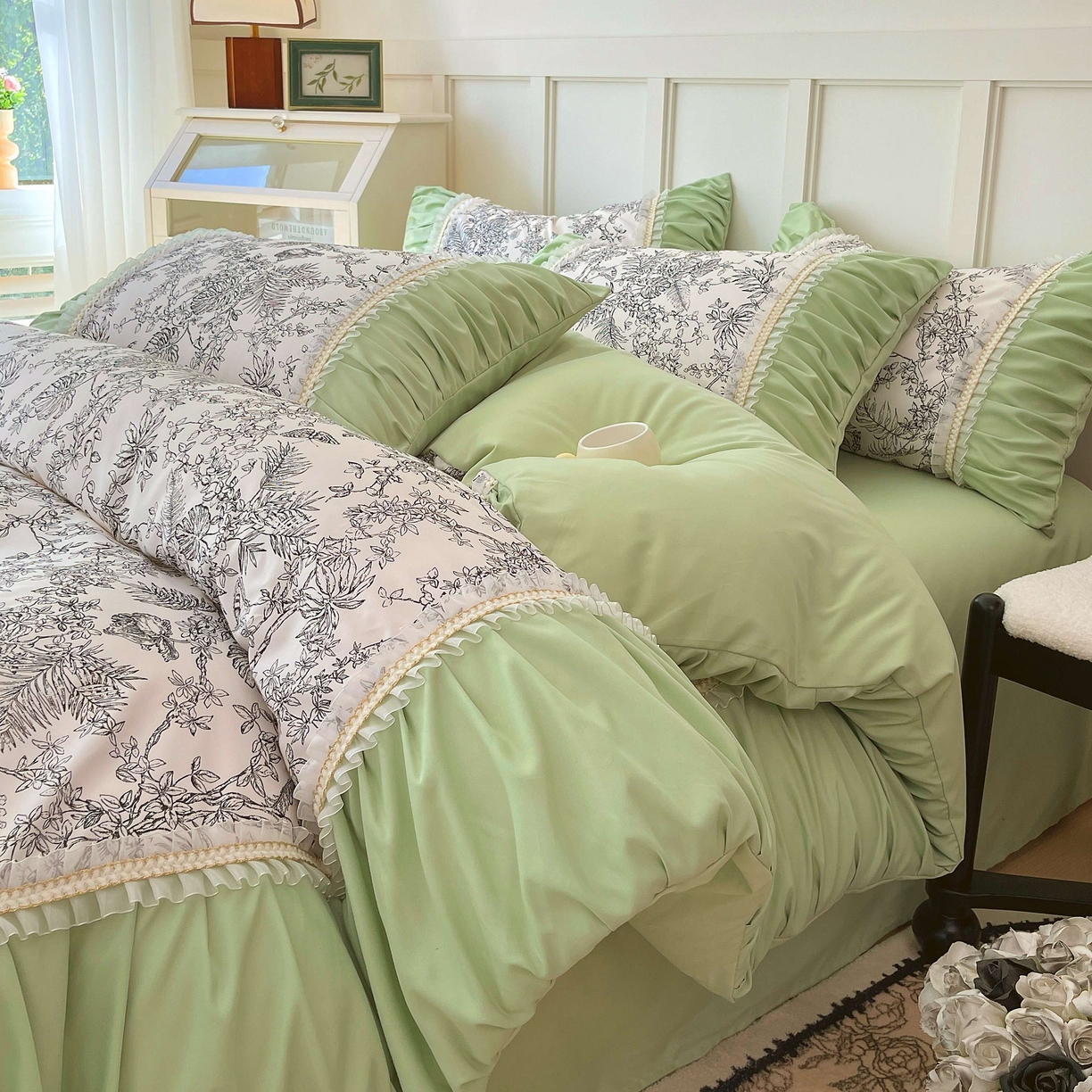 91家纺网 家纺一手货源 找家纺 大麦乐田 2025新款法式褶皱糯小棉直角床单四件套 安娜公主-绿