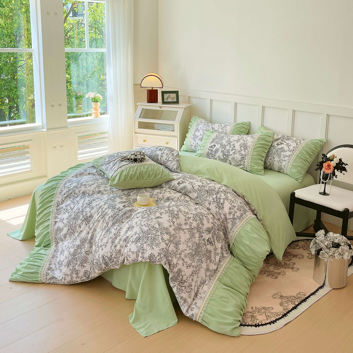 91家纺网 家纺一手货源 找家纺 大麦乐田 2025新款法式褶皱糯小棉直角床单四件套 安娜公主-绿