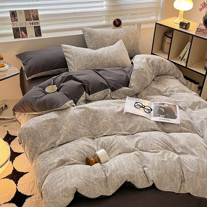 91家纺网 家纺一手货源 找家纺 吉象家纺 2025新款全棉纯棉加厚磨毛印花四件套 灵犀灰