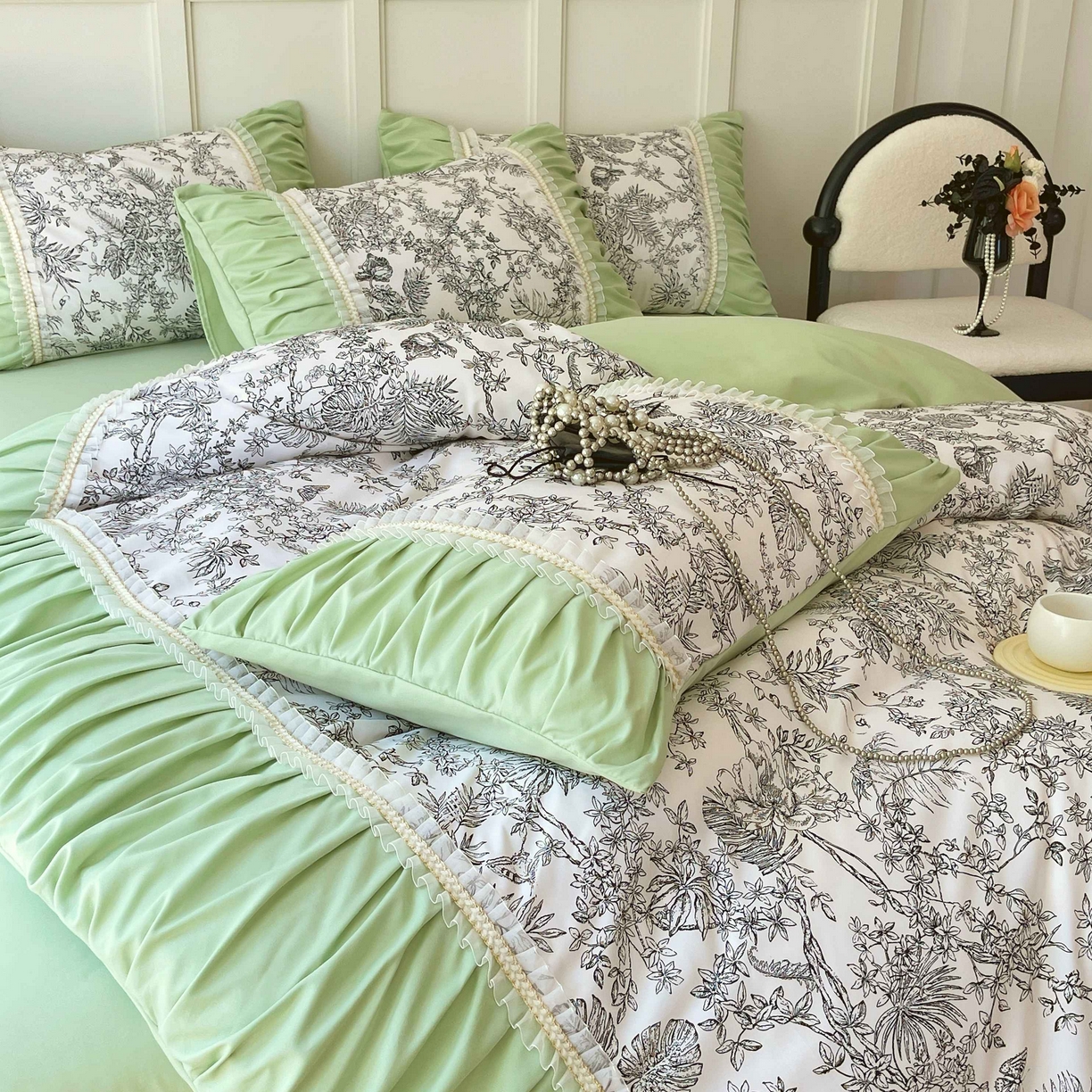 91家纺网 家纺一手货源 找家纺 大麦乐田 2025新款法式褶皱糯小棉直角床单四件套 安娜公主-绿