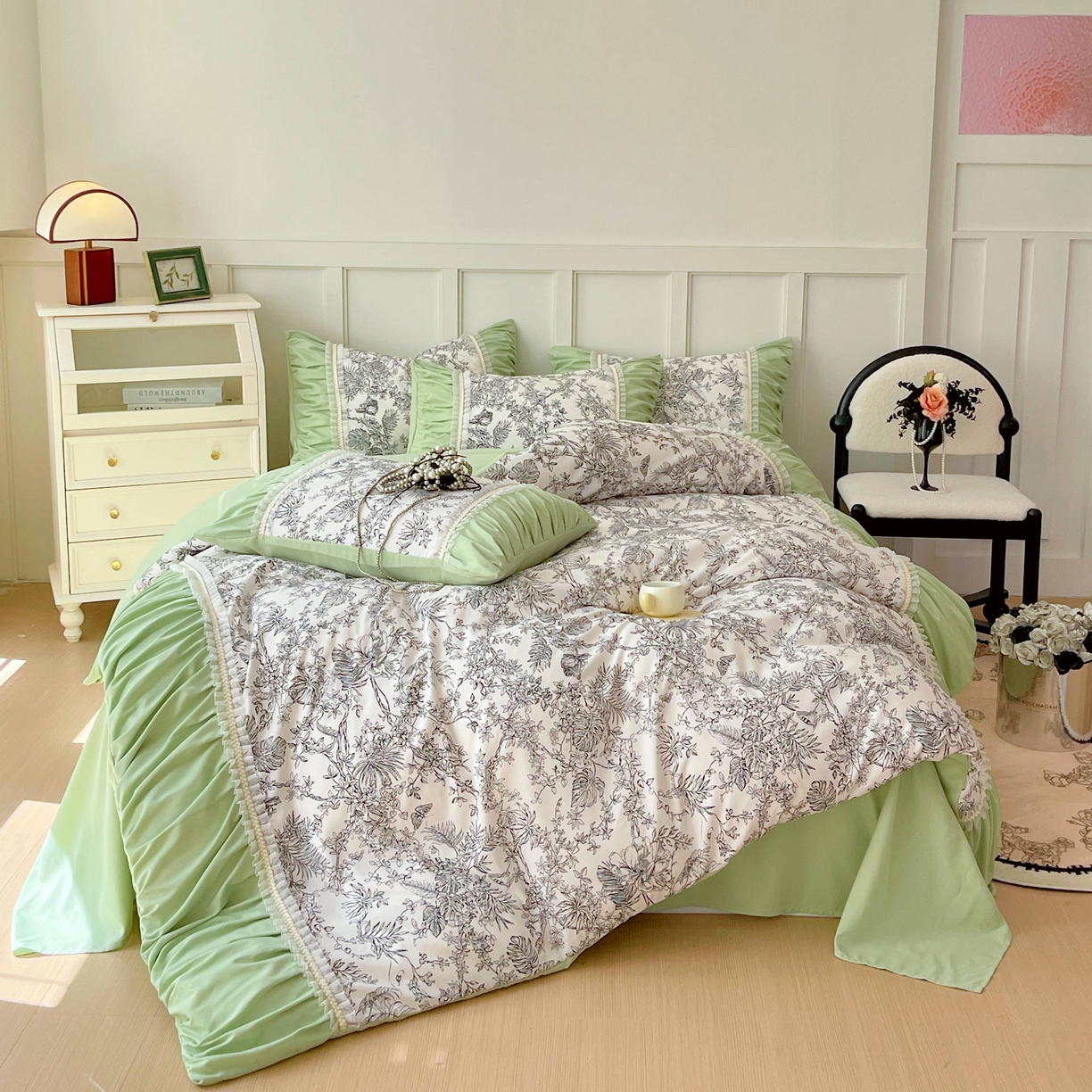 91家纺网 家纺一手货源 找家纺 大麦乐田 2025新款法式褶皱糯小棉直角床单四件套 安娜公主-绿