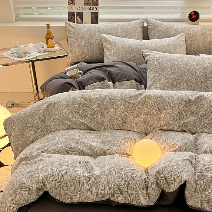 91家纺网 家纺一手货源 找家纺 吉象家纺 2025新款全棉纯棉加厚磨毛印花四件套 灵犀灰