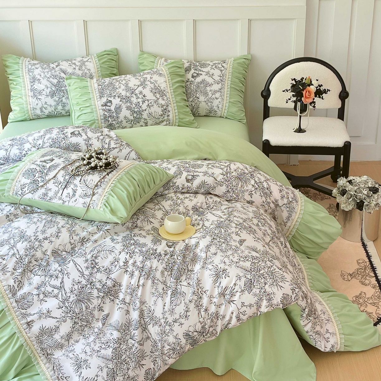 91家纺网 家纺一手货源 找家纺 大麦乐田 2025新款法式褶皱糯小棉直角床单四件套 安娜公主-绿