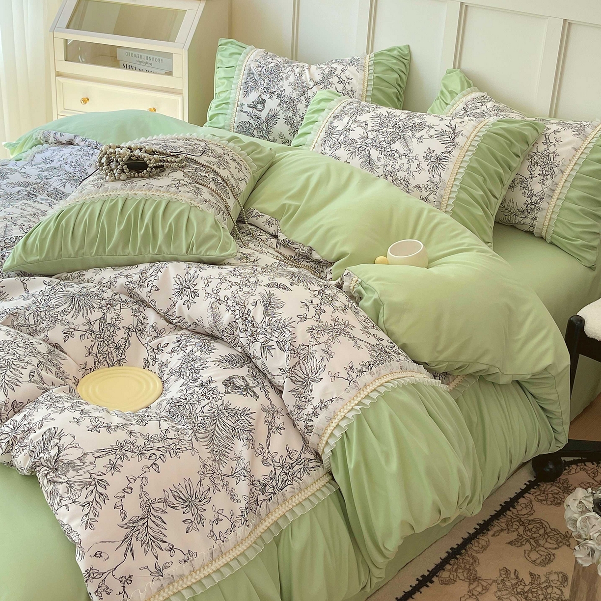 91家纺网 家纺一手货源 找家纺 大麦乐田 2025新款法式褶皱糯小棉直角床单四件套 安娜公主-绿