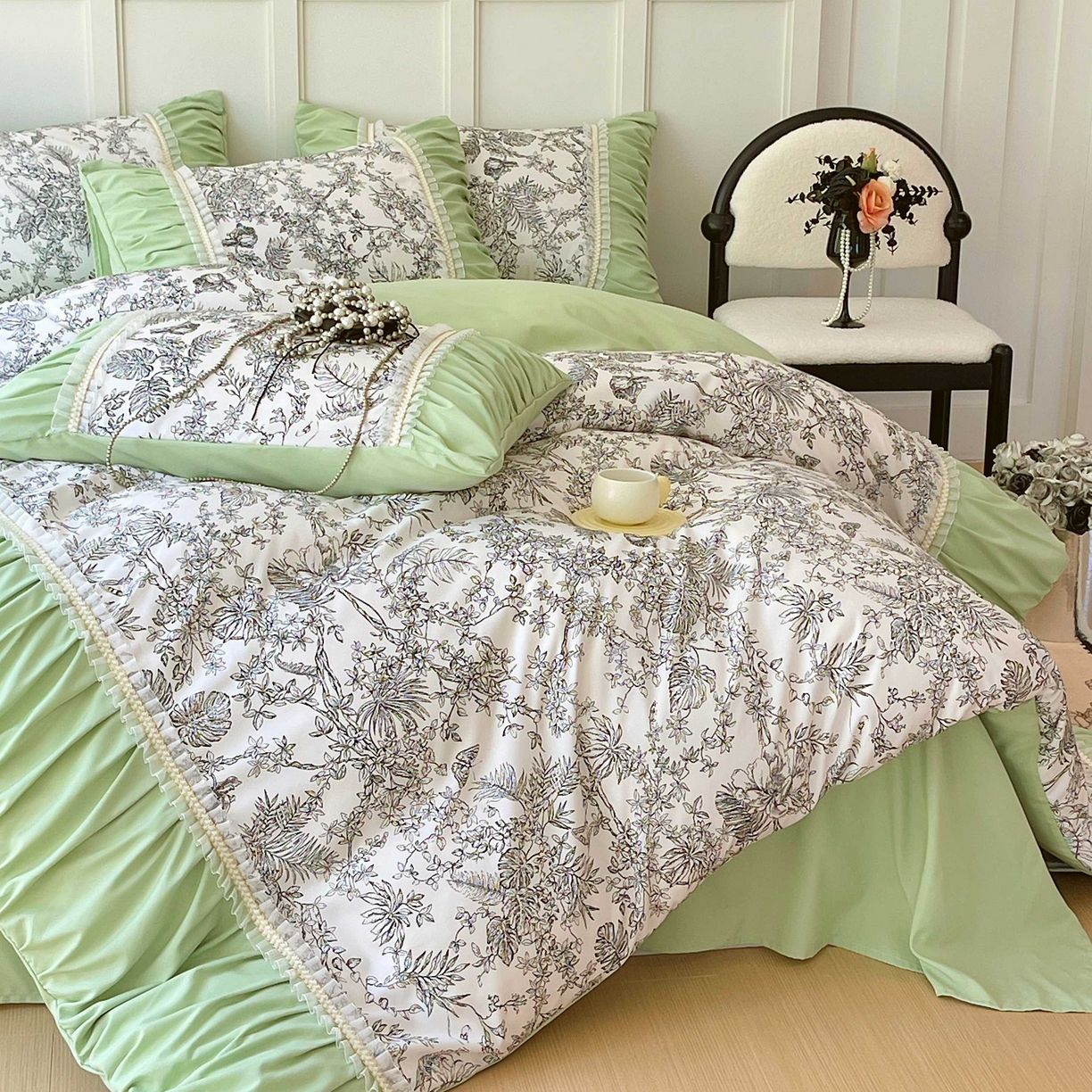 91家纺网 家纺一手货源 找家纺 大麦乐田 2025新款法式褶皱糯小棉直角床单四件套 安娜公主-绿