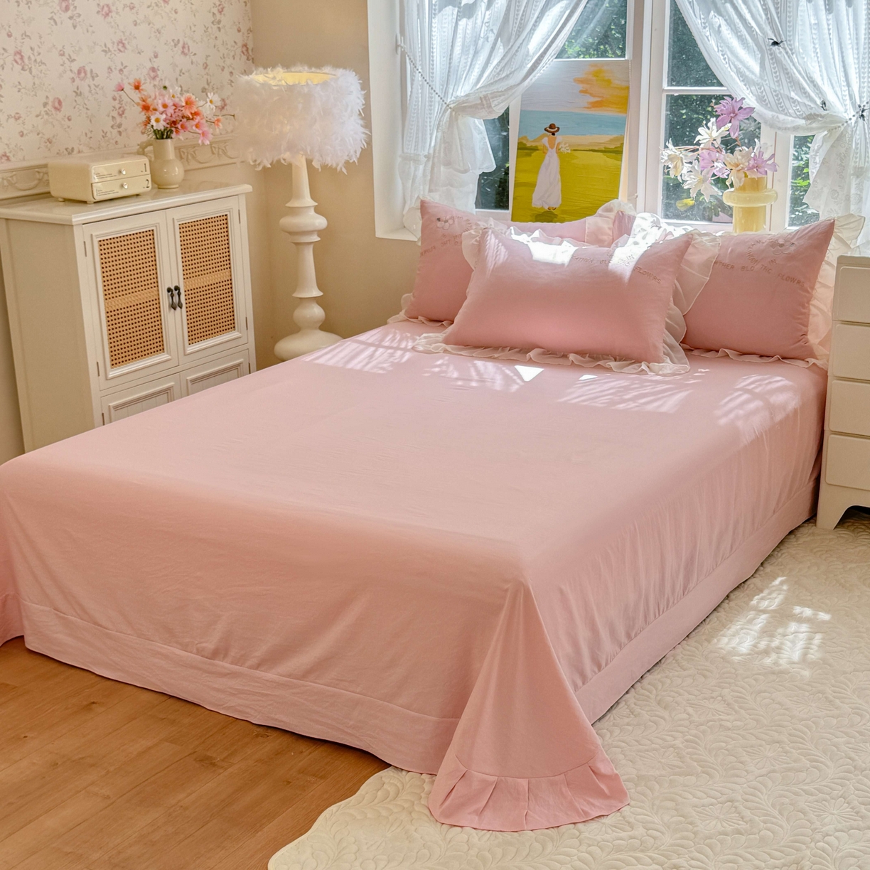 91家纺网 家纺一手货源 找家纺 （总）大麦乐田 2025新款法式公主风仙女糯小棉立体花刺绣四件套