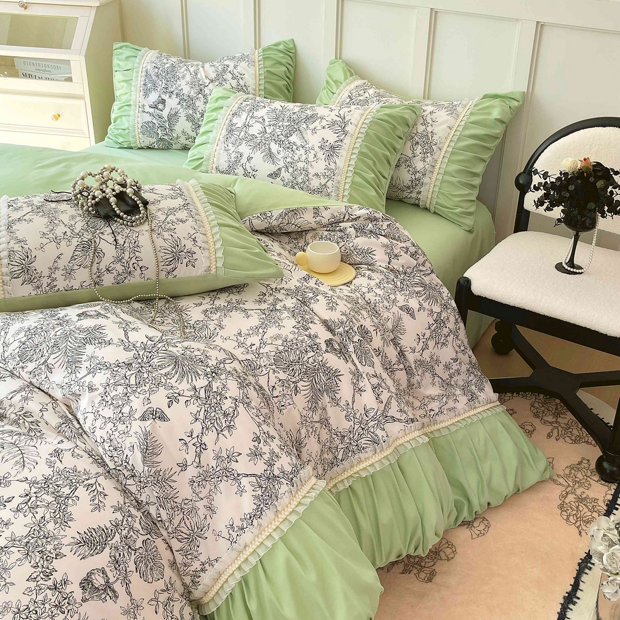 91家纺网 家纺一手货源 找家纺 大麦乐田 2025新款法式褶皱糯小棉直角床单四件套 安娜公主-绿