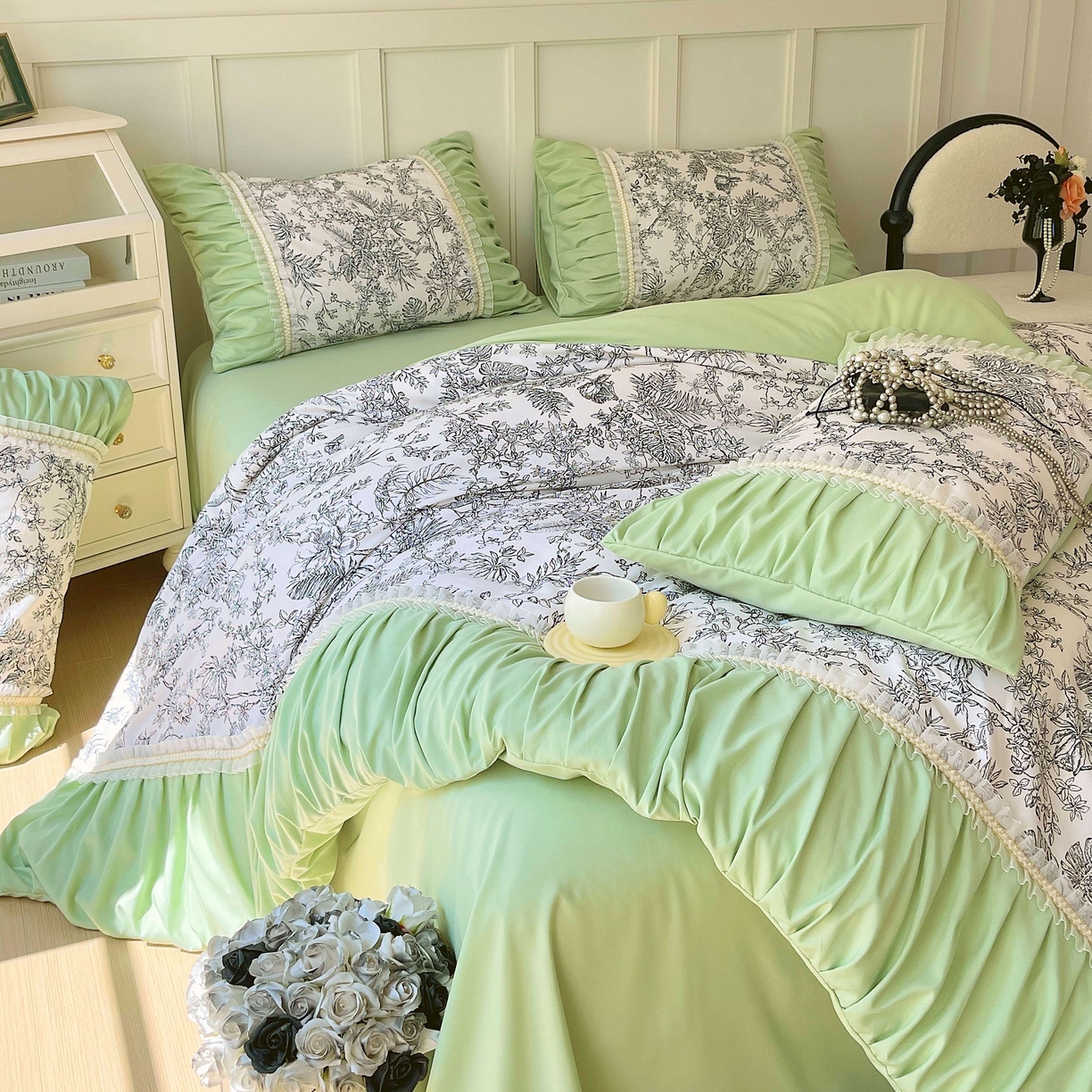 91家纺网 家纺一手货源 找家纺 大麦乐田 2025新款法式褶皱糯小棉直角床单四件套 安娜公主-绿
