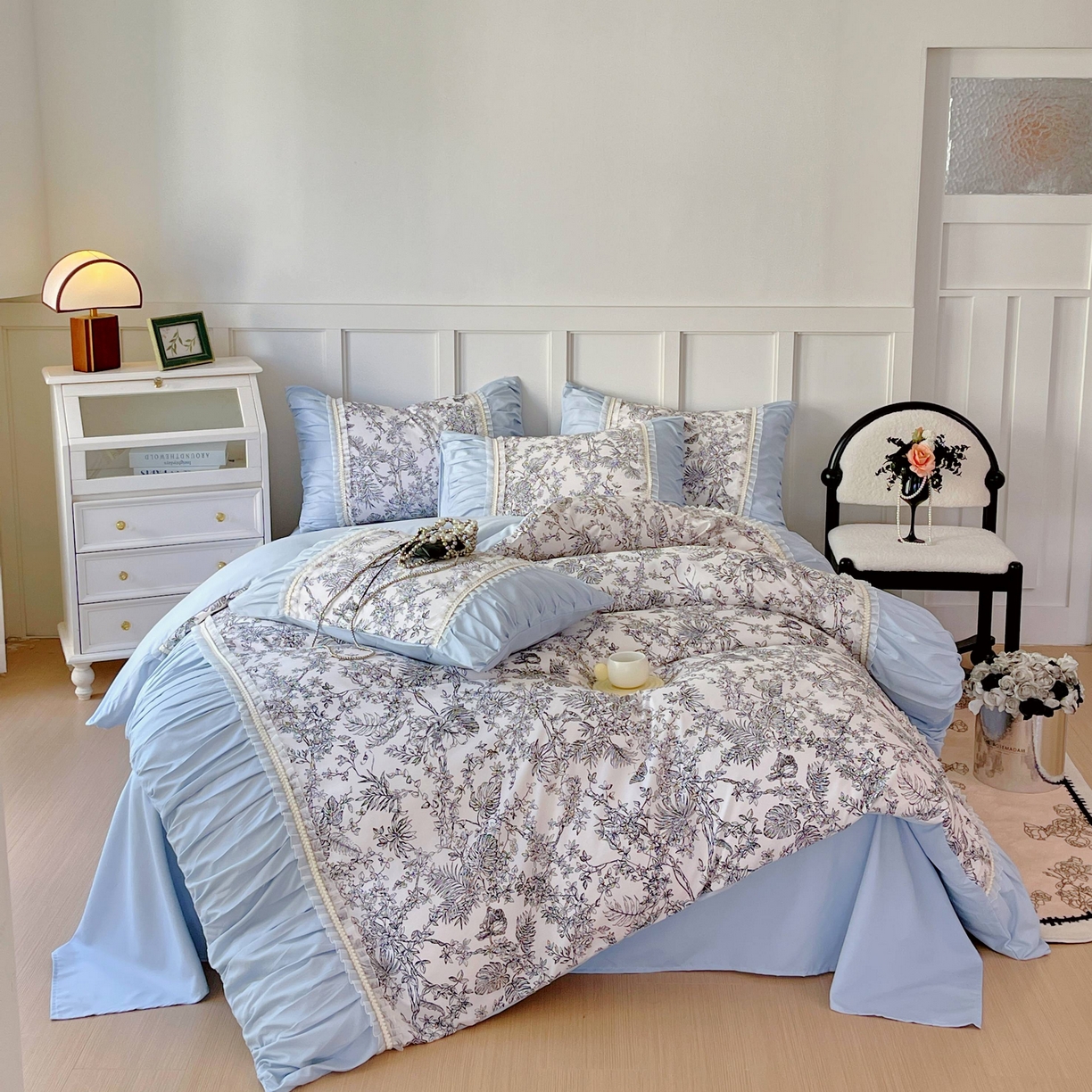 大麦乐田 2025新款法式褶皱糯小棉直角床单四件套 安娜公主-浅兰