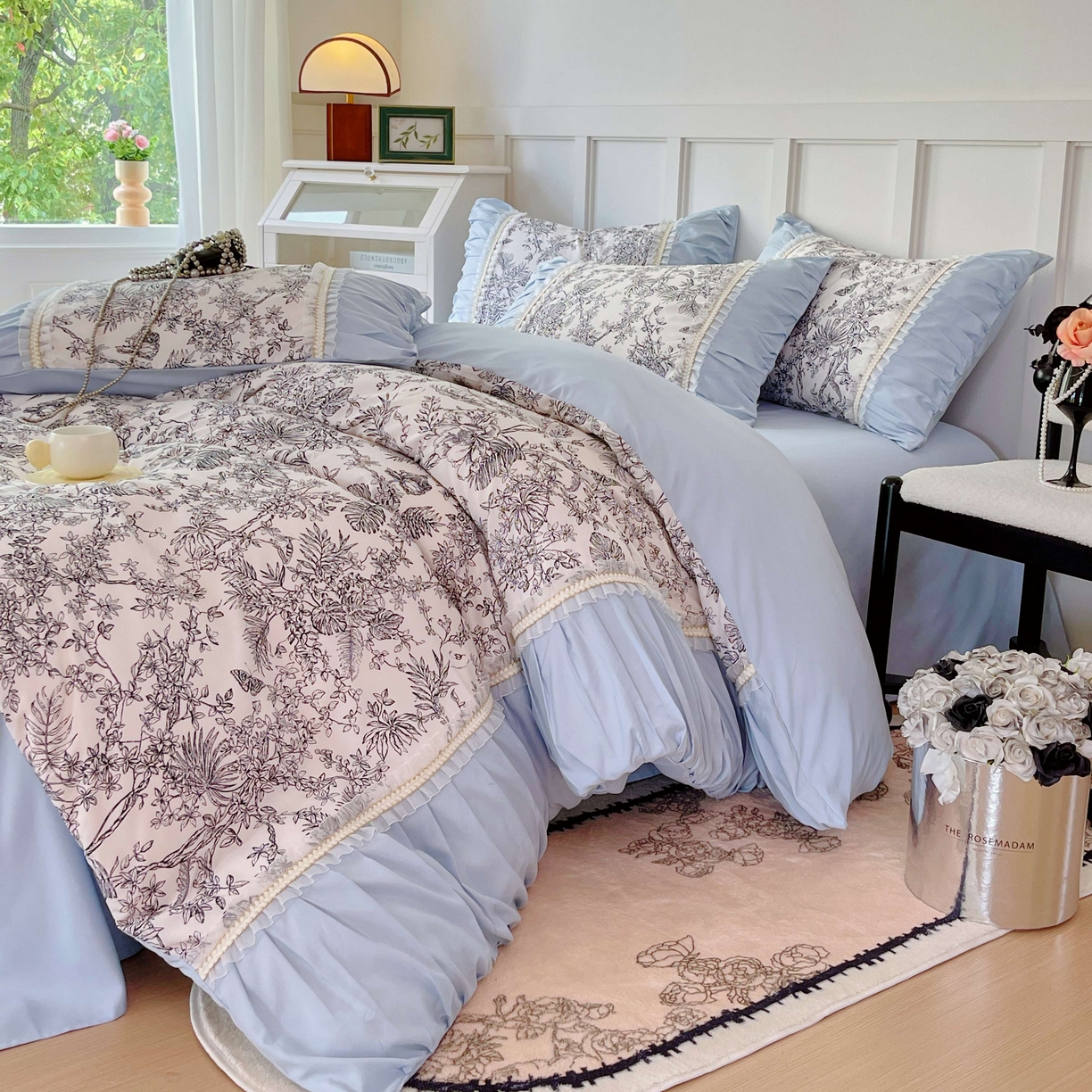 91家纺网 家纺一手货源 找家纺 大麦乐田 2025新款法式褶皱糯小棉直角床单四件套 安娜公主-浅兰