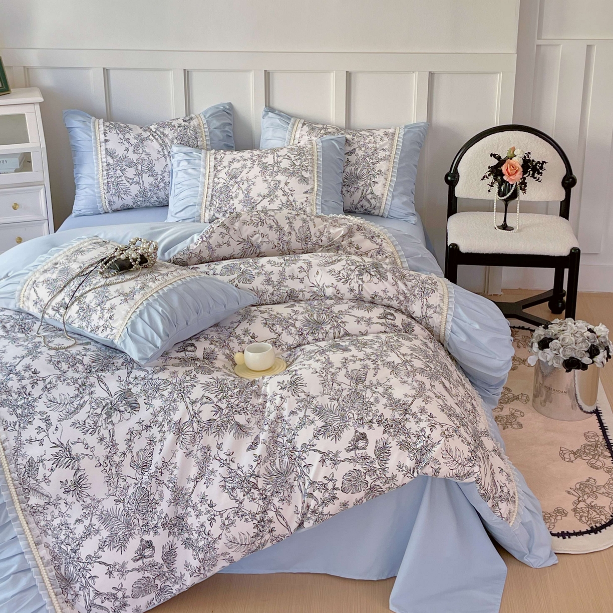 91家纺网 家纺一手货源 找家纺 大麦乐田 2025新款法式褶皱糯小棉直角床单四件套 安娜公主-浅兰