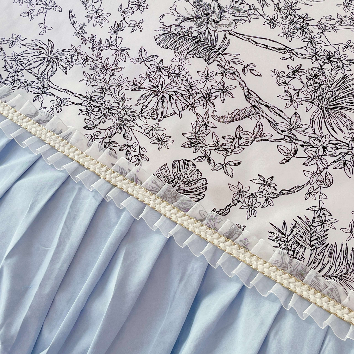 91家纺网 家纺一手货源 找家纺 大麦乐田 2025新款法式褶皱糯小棉直角床单四件套 安娜公主-浅兰