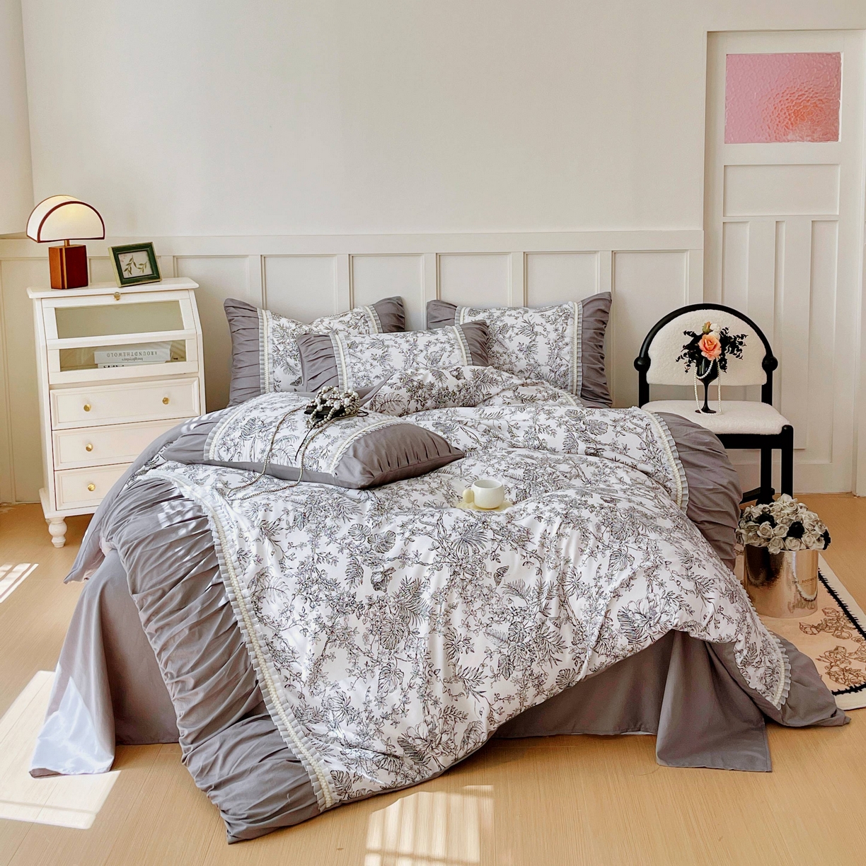 大麦乐田 2025新款法式褶皱糯小棉直角床单四件套 安娜公主-绅士灰