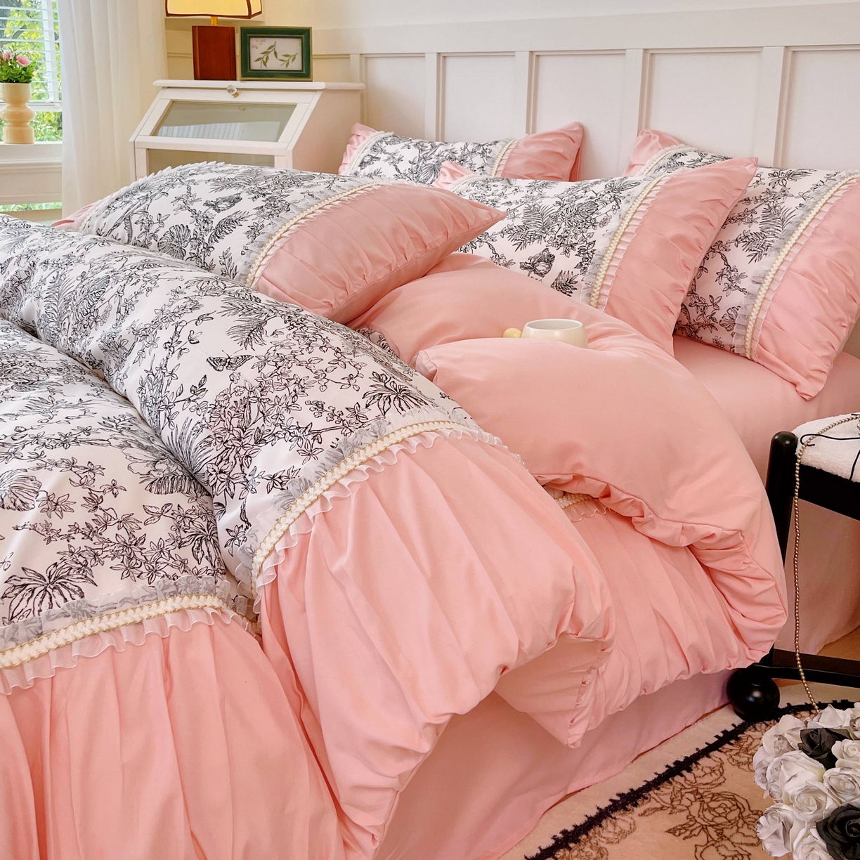 91家纺网 家纺一手货源 找家纺 大麦乐田 2025新款法式褶皱糯小棉直角床单四件套 安娜公主-香粉玉