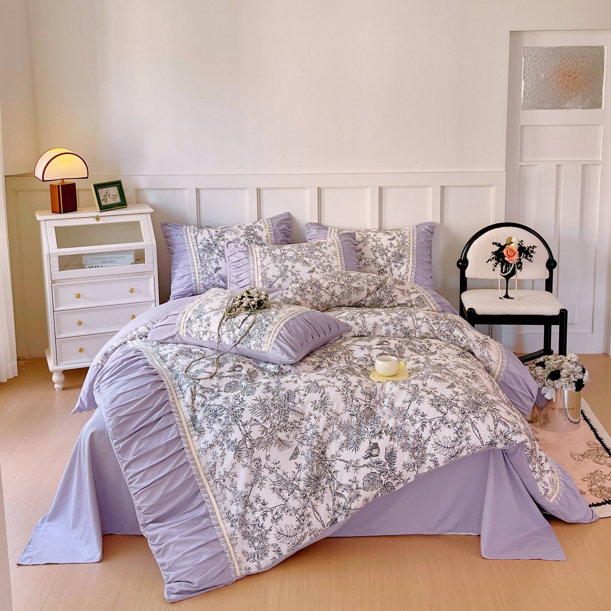 大麦乐田 2025新款法式褶皱糯小棉直角床单四件套 安娜公主-紫