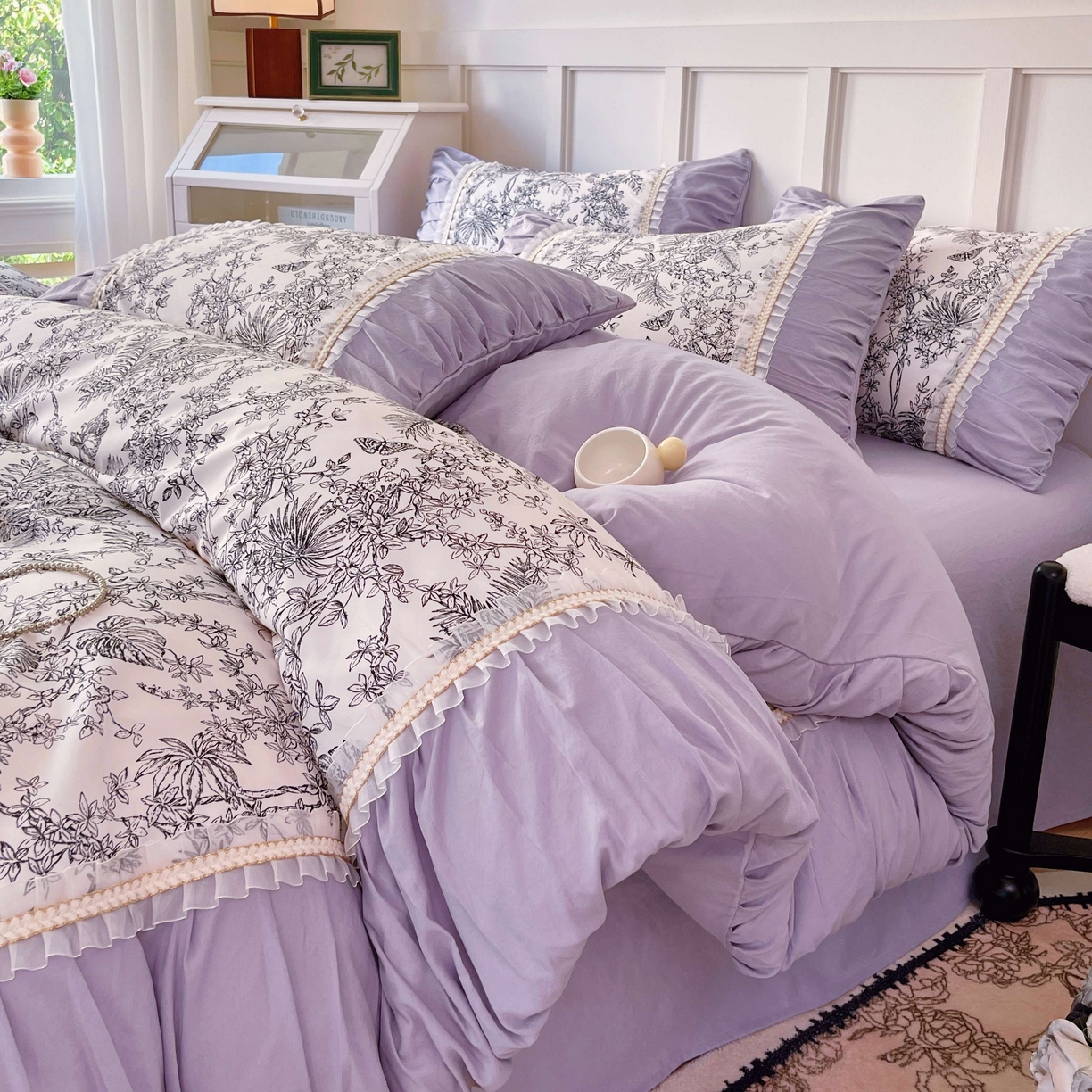 91家纺网 家纺一手货源 找家纺 大麦乐田 2025新款法式褶皱糯小棉直角床单四件套 安娜公主-紫