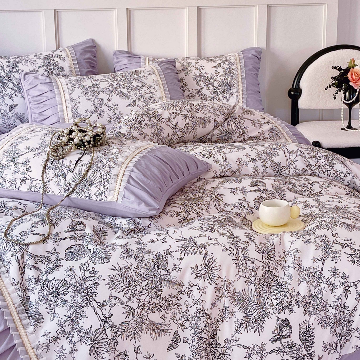 91家纺网 家纺一手货源 找家纺 大麦乐田 2025新款法式褶皱糯小棉直角床单四件套 安娜公主-紫