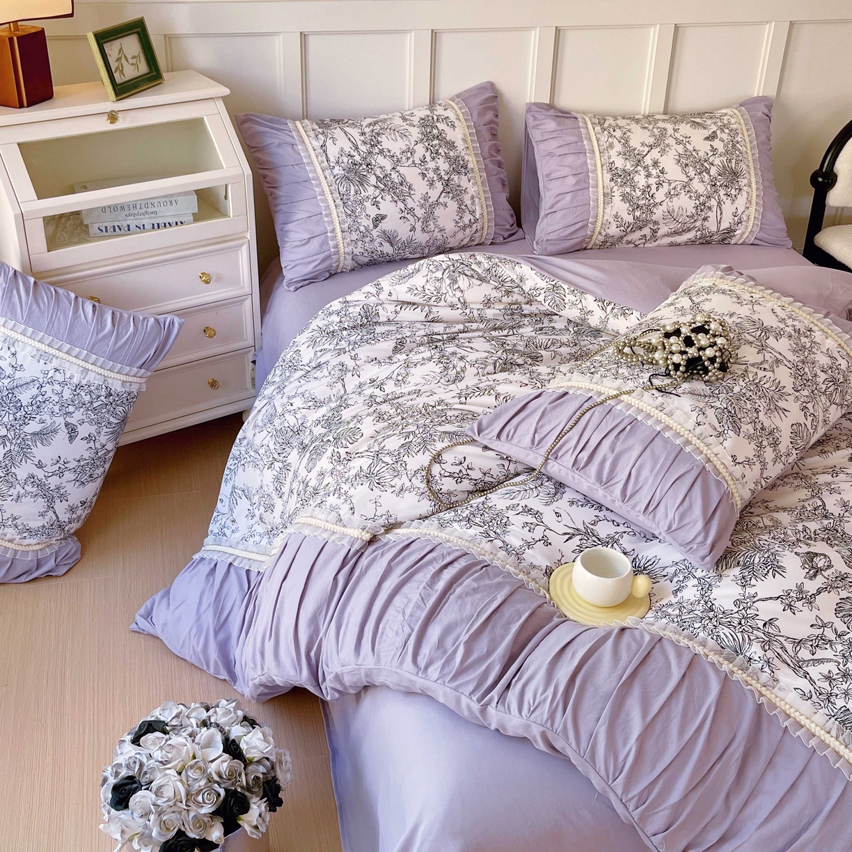 91家纺网 家纺一手货源 找家纺 大麦乐田 2025新款法式褶皱糯小棉直角床单四件套 安娜公主-紫