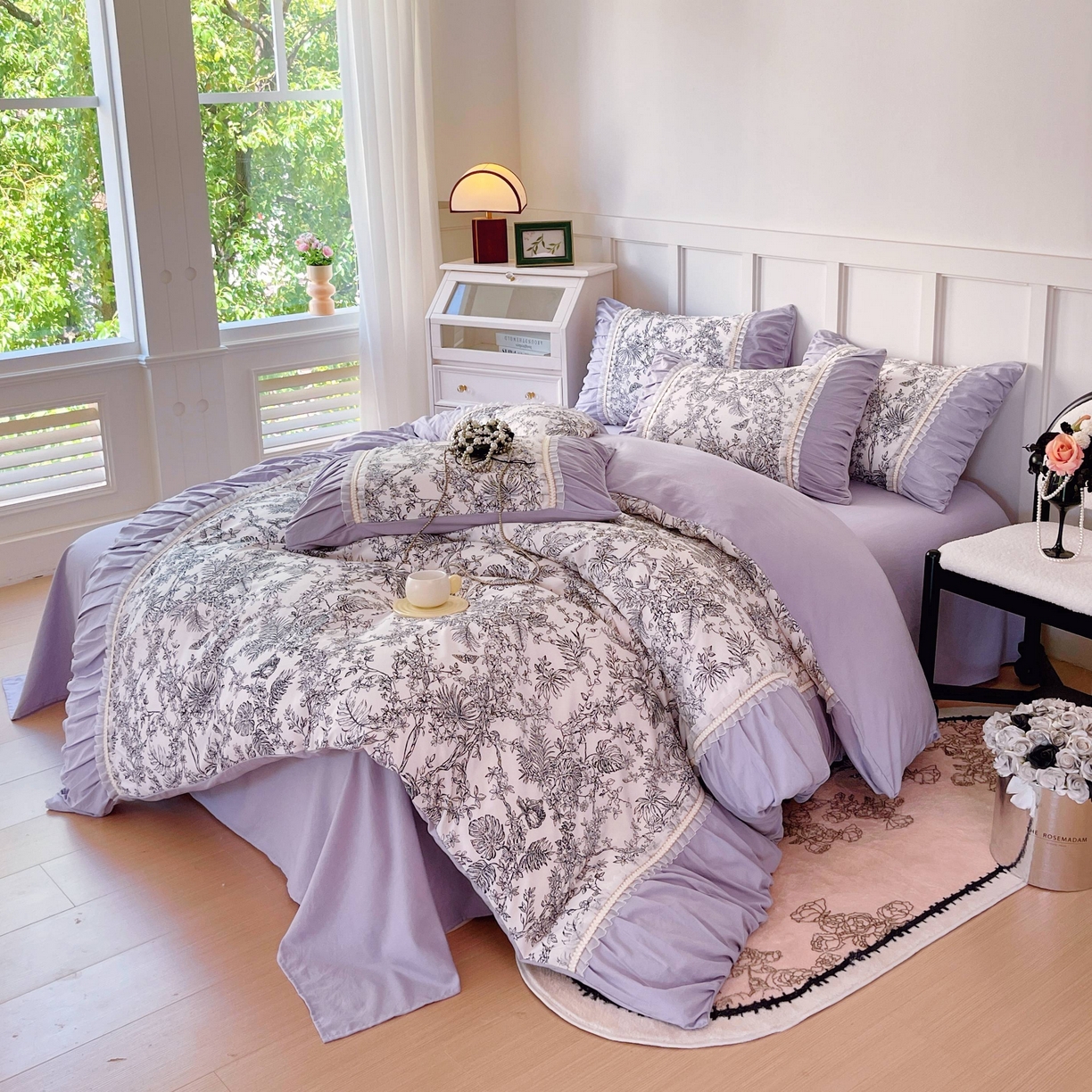 91家纺网 家纺一手货源 找家纺 大麦乐田 2025新款法式褶皱糯小棉直角床单四件套 安娜公主-紫
