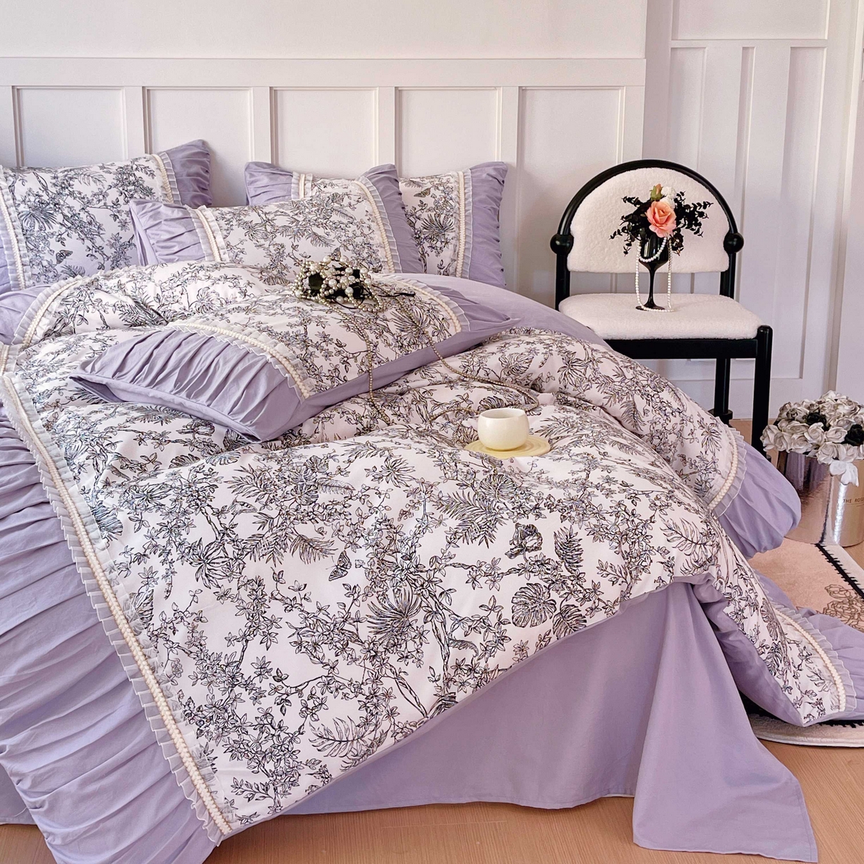 91家纺网 家纺一手货源 找家纺 大麦乐田 2025新款法式褶皱糯小棉直角床单四件套 安娜公主-紫