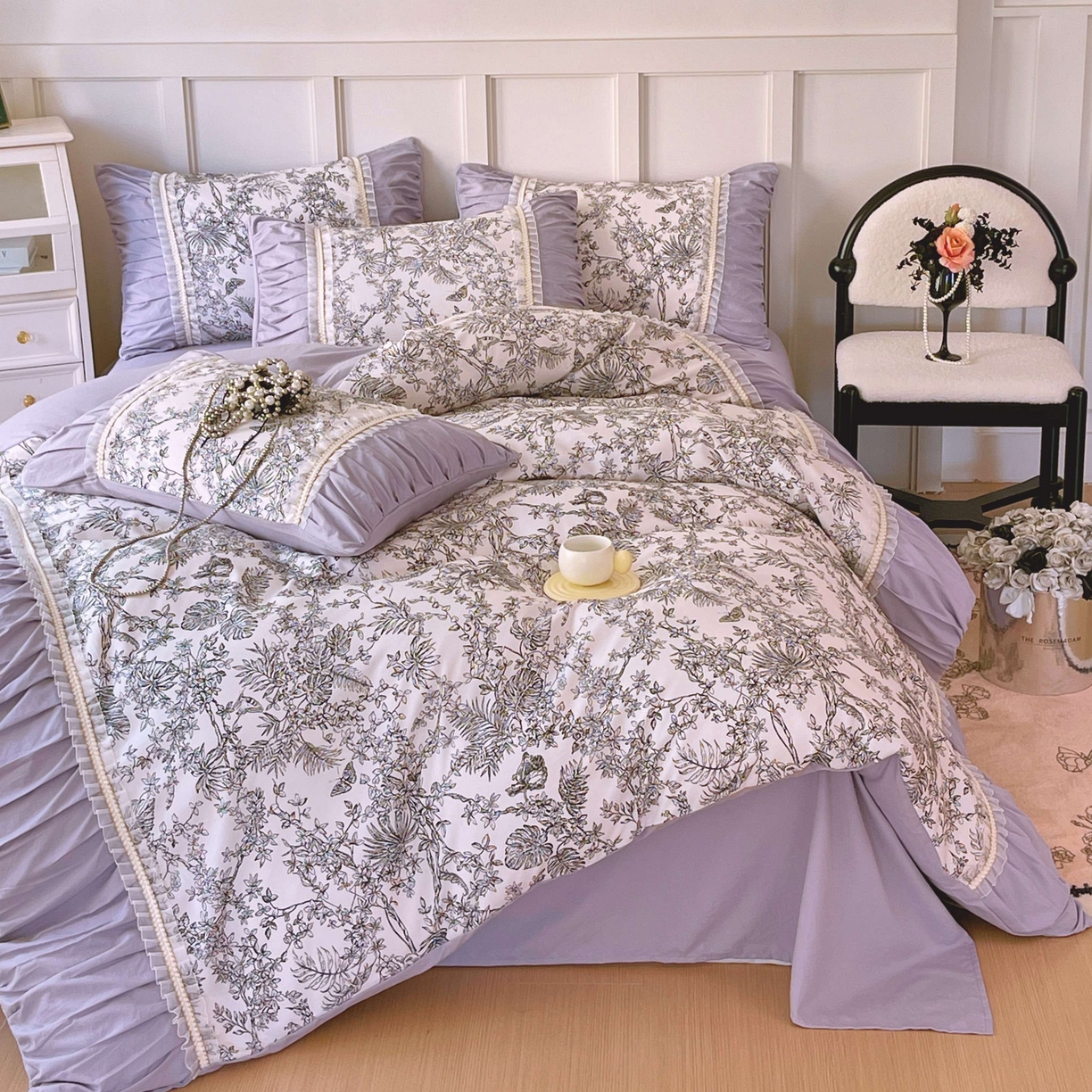 91家纺网 家纺一手货源 找家纺 大麦乐田 2025新款法式褶皱糯小棉直角床单四件套 安娜公主-紫