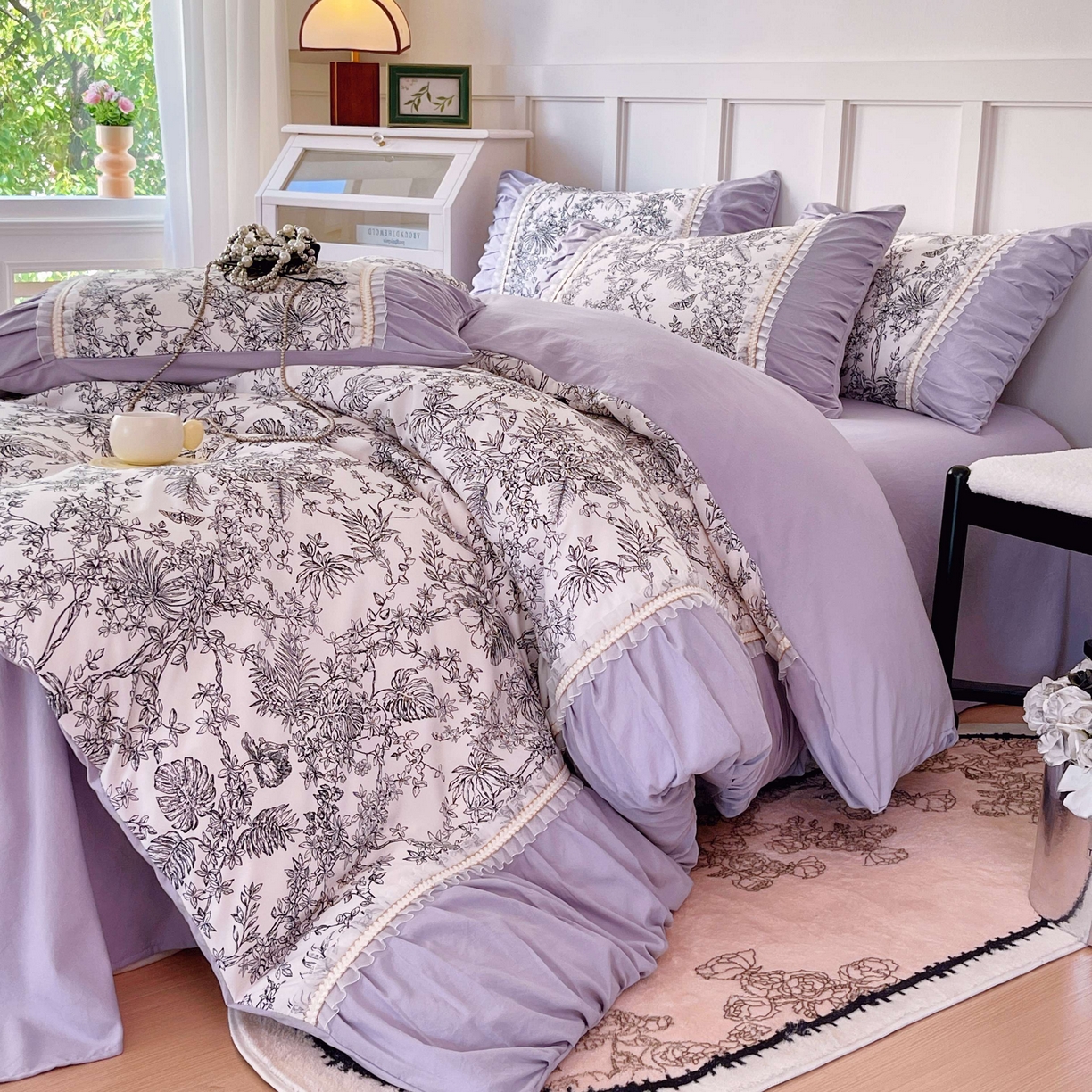 91家纺网 家纺一手货源 找家纺 大麦乐田 2025新款法式褶皱糯小棉直角床单四件套 安娜公主-紫