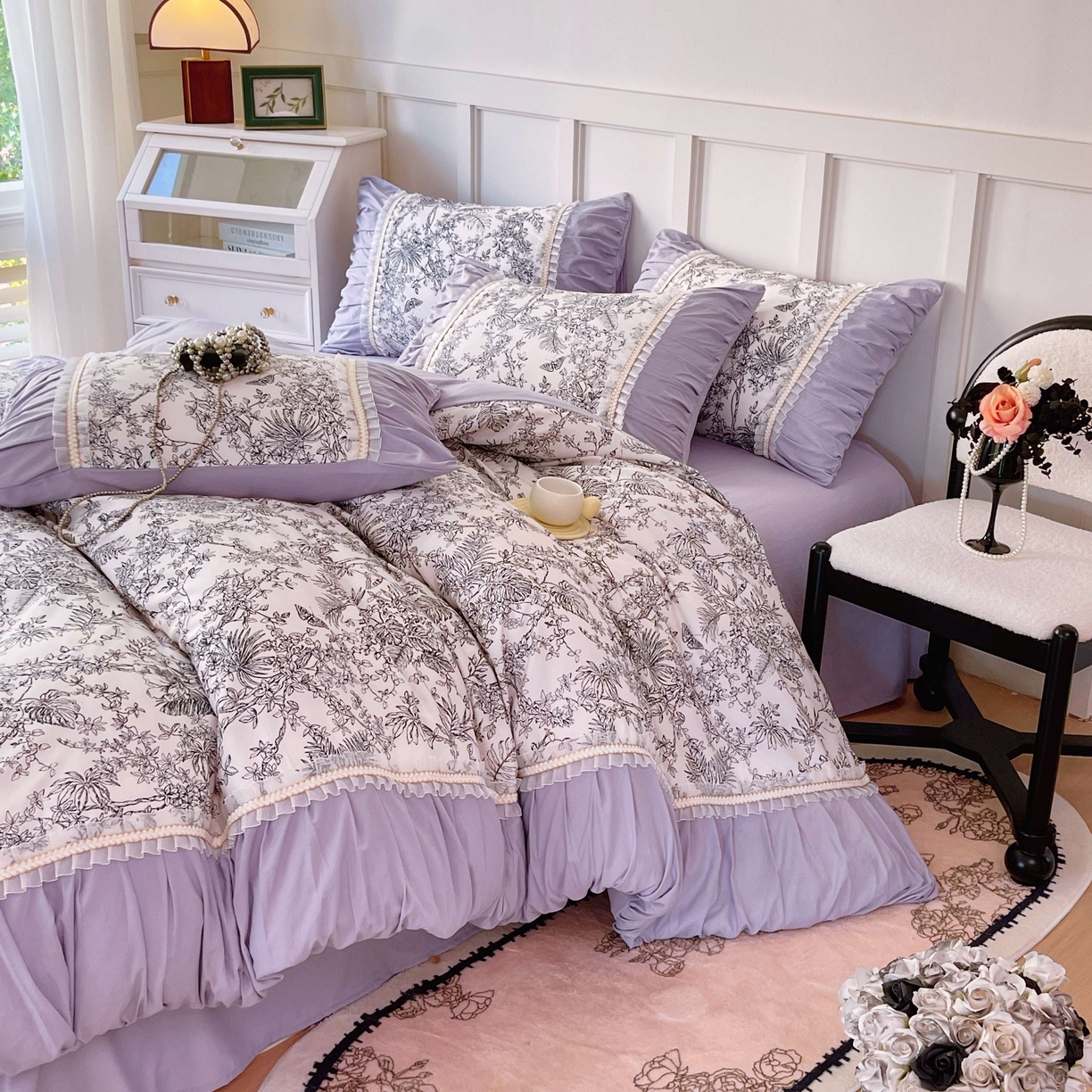 91家纺网 家纺一手货源 找家纺 大麦乐田 2025新款法式褶皱糯小棉直角床单四件套 安娜公主-紫
