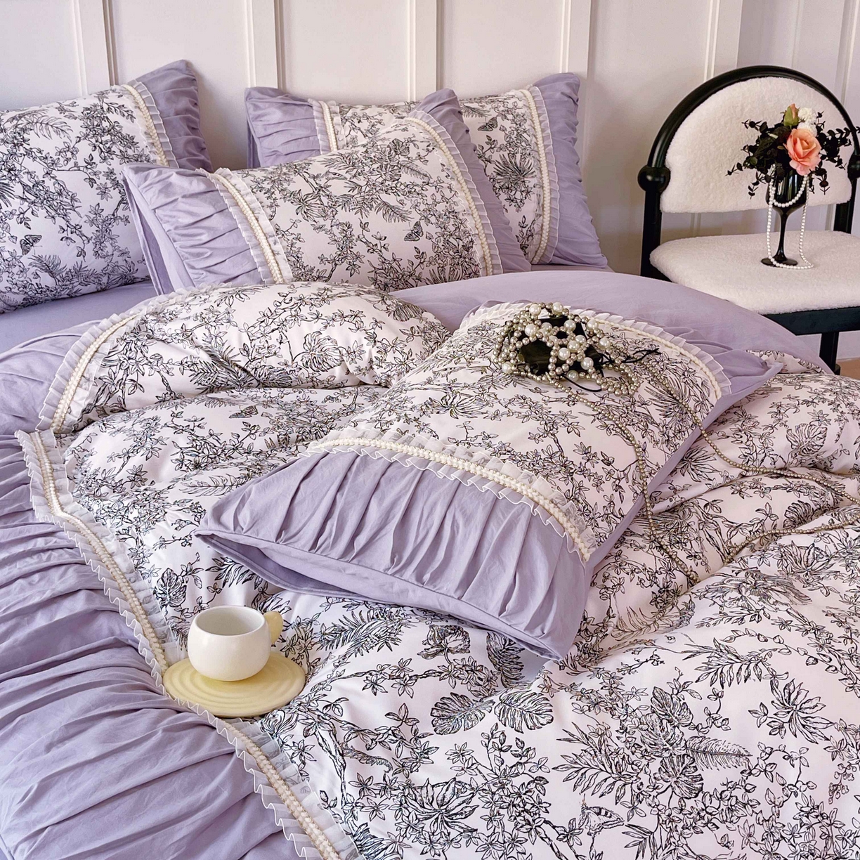 91家纺网 家纺一手货源 找家纺 大麦乐田 2025新款法式褶皱糯小棉直角床单四件套 安娜公主-紫