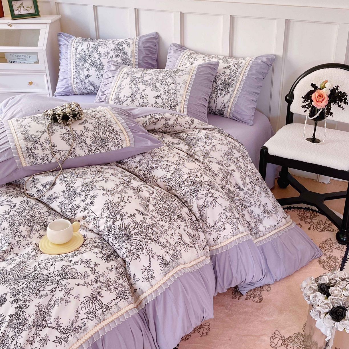 91家纺网 家纺一手货源 找家纺 大麦乐田 2025新款法式褶皱糯小棉直角床单四件套 安娜公主-紫