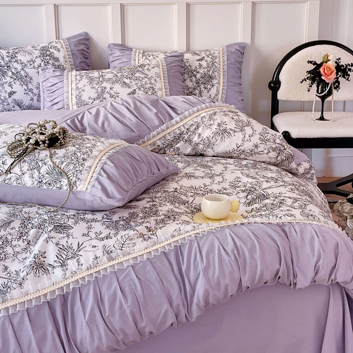 91家纺网 家纺一手货源 找家纺 大麦乐田 2025新款法式褶皱糯小棉直角床单四件套 安娜公主-紫