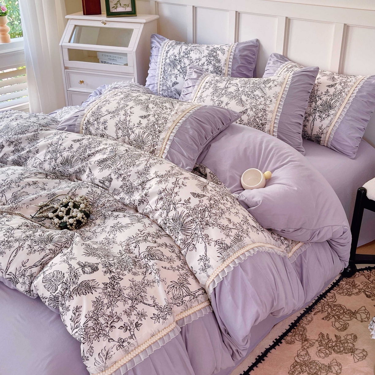 91家纺网 家纺一手货源 找家纺 大麦乐田 2025新款法式褶皱糯小棉直角床单四件套 安娜公主-紫