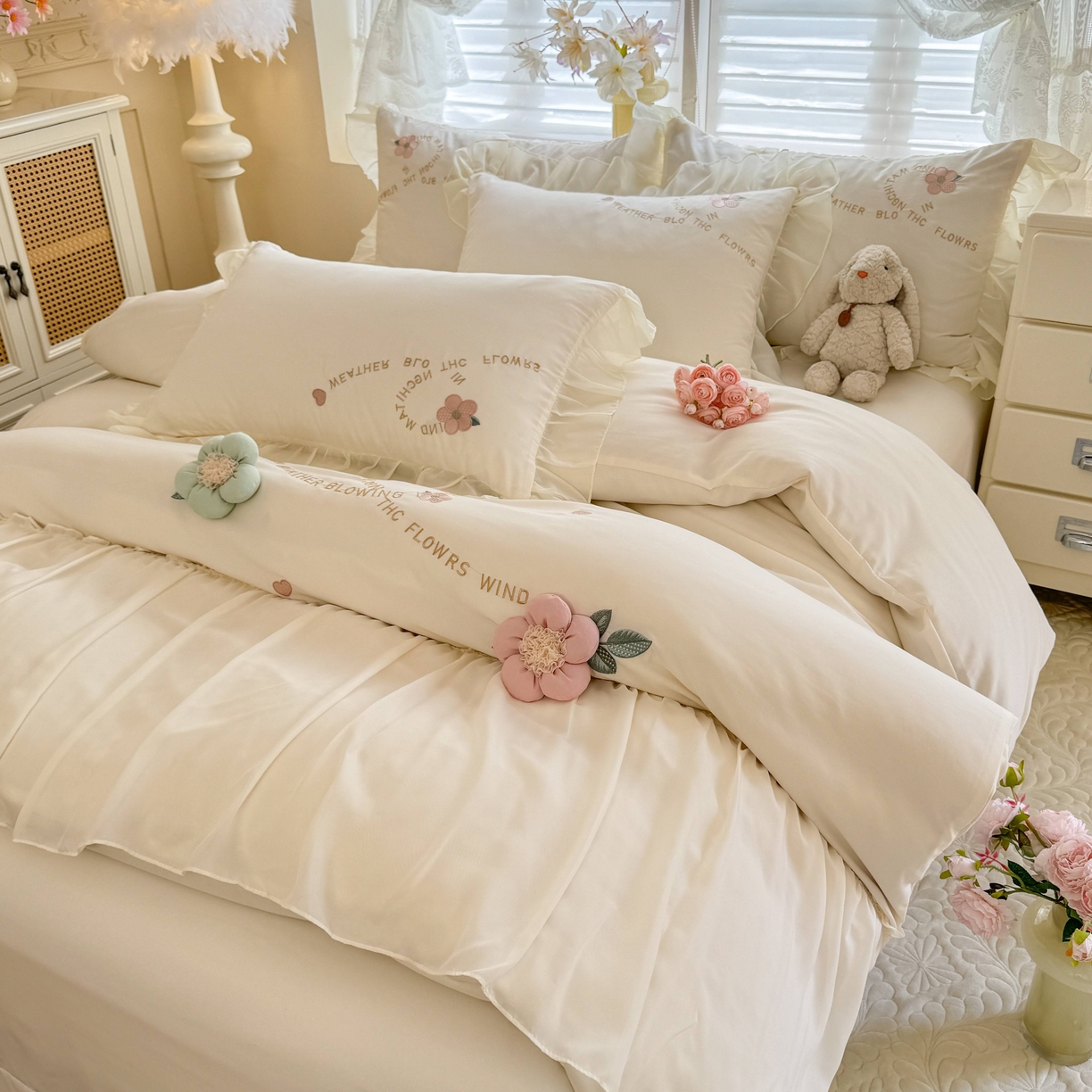91家纺网 家纺一手货源 找家纺 大麦乐田 2025新款法式公主风仙女糯小棉立体花刺绣四件套 浪漫花朵-奶白