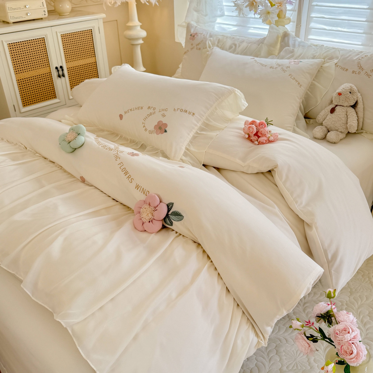 91家纺网 家纺一手货源 找家纺 大麦乐田 2025新款法式公主风仙女糯小棉立体花刺绣四件套 浪漫花朵-奶白