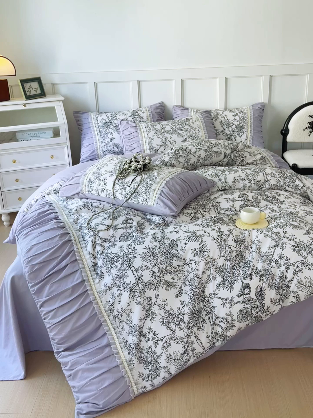 91家纺网 家纺一手货源 找家纺 大麦乐田 2025新款法式褶皱糯小棉直角床单四件套 安娜公主-紫