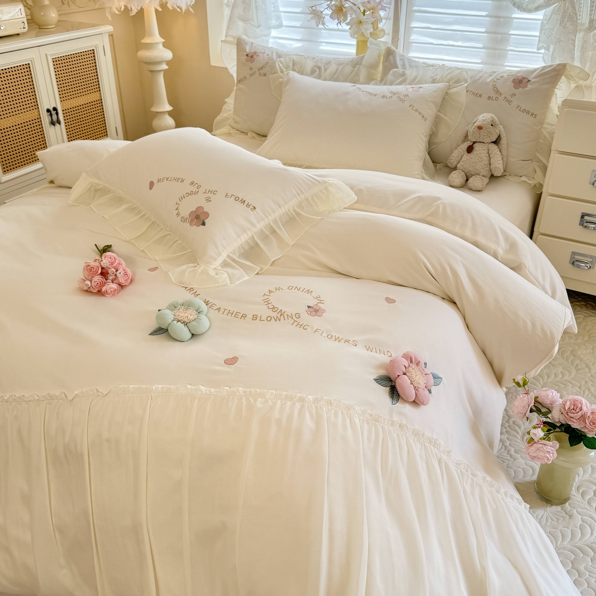 91家纺网 家纺一手货源 找家纺 大麦乐田 2025新款法式公主风仙女糯小棉立体花刺绣四件套 浪漫花朵-奶白