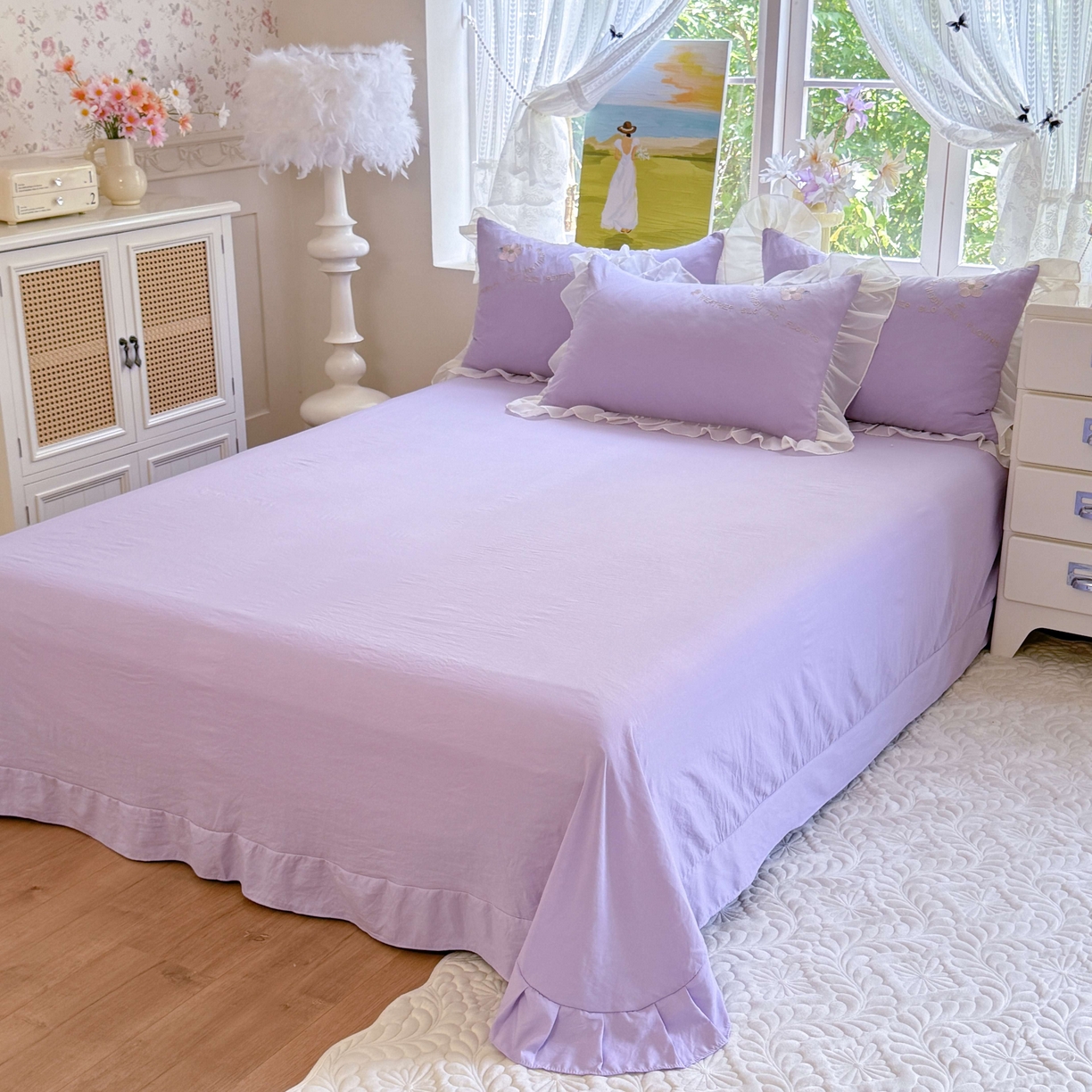 91家纺网 家纺一手货源 找家纺 大麦乐田 2025新款法式公主风仙女糯小棉立体花刺绣四件套 浪漫花朵-紫