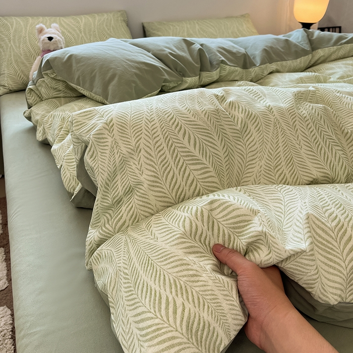 91家纺网 家纺一手货源 找家纺 吉象家纺 2025新款全棉纯棉加厚磨毛印花四件套 叶语