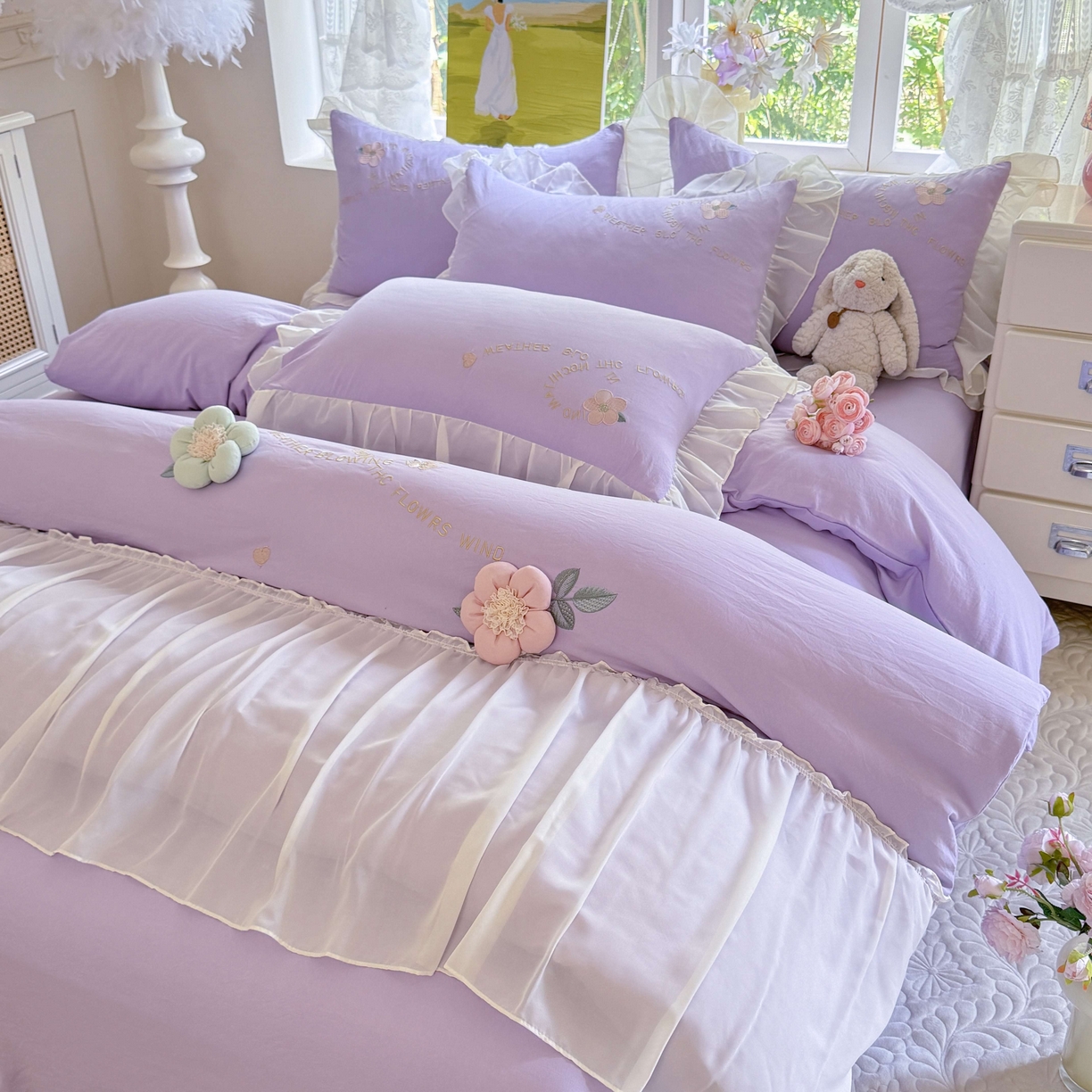 91家纺网 家纺一手货源 找家纺 大麦乐田 2025新款法式公主风仙女糯小棉立体花刺绣四件套 浪漫花朵-紫